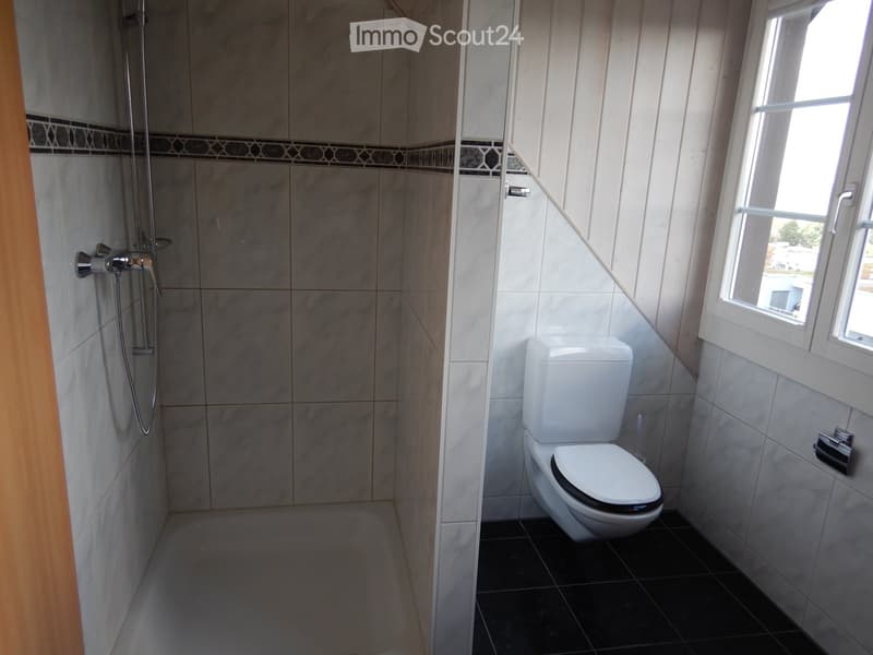 Modern bathroom with white tiled walls, black tiled floor, toilet, and shower area with a glass enclosure.
