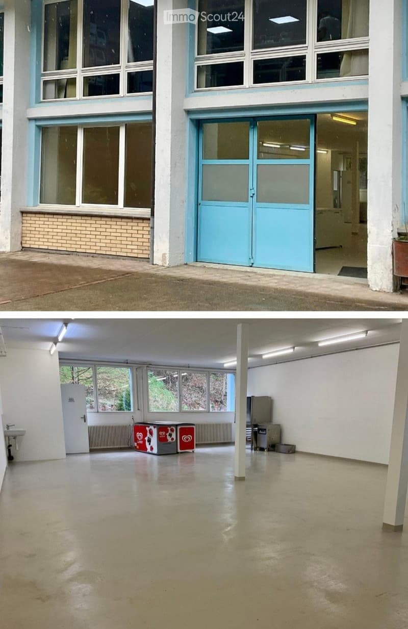 Empty, open space with large windows, concrete floor, and minimal furnishings including a sink, radiator, and a small appliance.