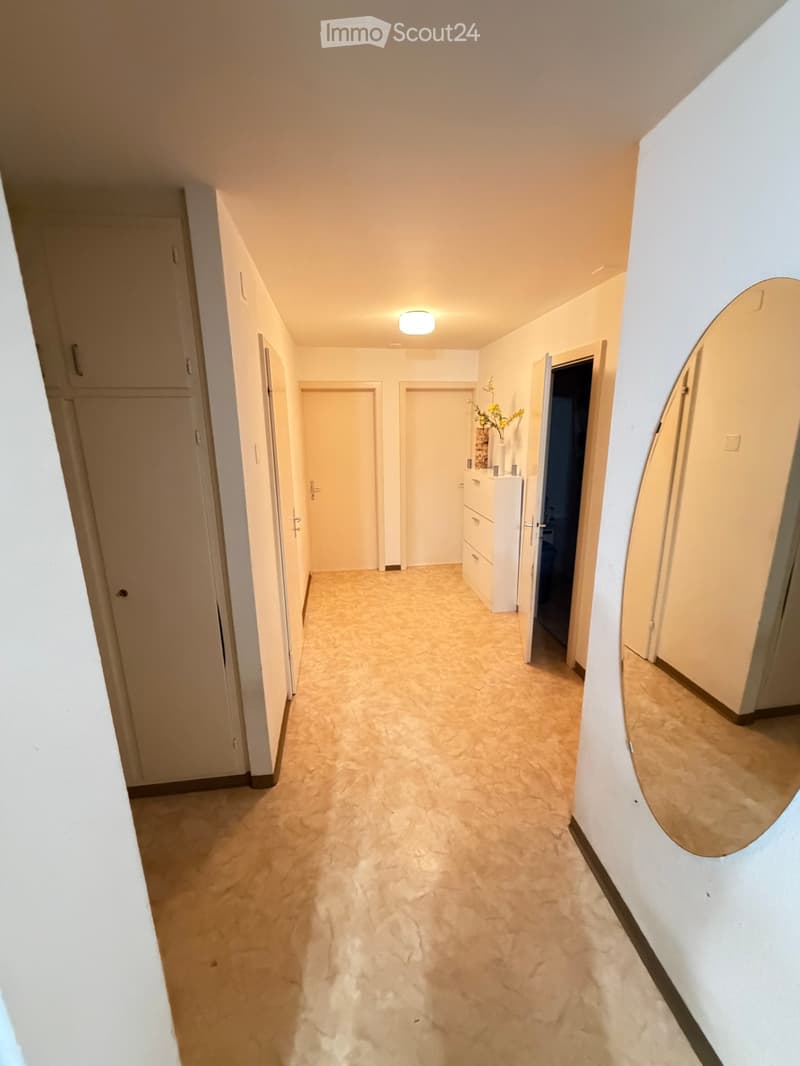 A well-lit hallway with beige carpeting, white walls, and several doors leading to different rooms. A small cabinet with drawers and a vase with flowers is visible on the right side.