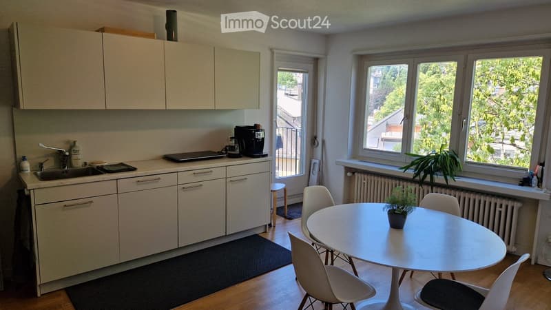 Modern kitchen and dining area with white cabinets, stainless steel appliances, a round dining table with chairs, and a view of greenery outside.