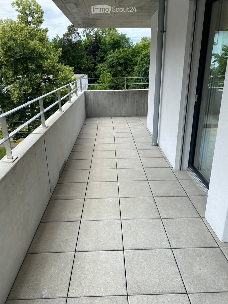 Modern balcony with concrete floor, metal railing, and expansive view of green trees.