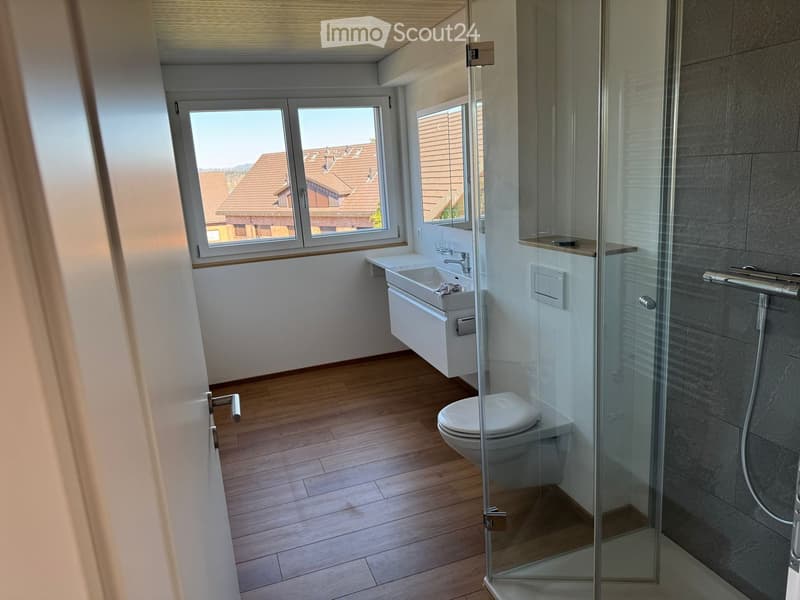 Modern bathroom with wooden flooring, a white toilet, a sink with a faucet, and a glass-enclosed shower area.