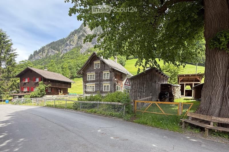 Swiss-style wooden houses, red shutters, chimneys, wooden fences, green fields, large trees