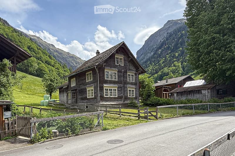 Mountain house with steep roof, wooden facade, multiple windows, surrounded by greenery, with a small yard, and mountains in the background