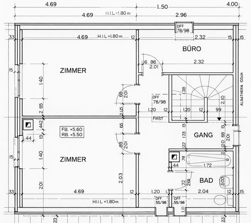 Floor plan with two rooms, a hallway, a bathroom, and a balcony