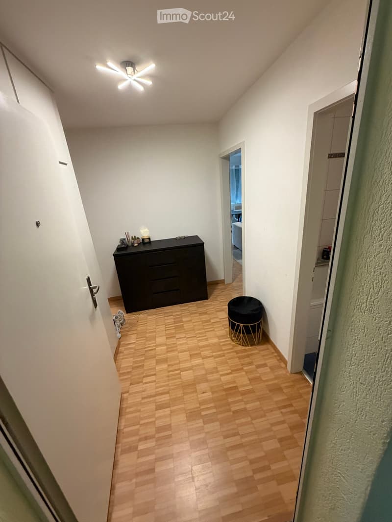 A narrow hallway with wooden flooring, a black cabinet with drawers, a small black stool, and a partially visible bathroom in the background.