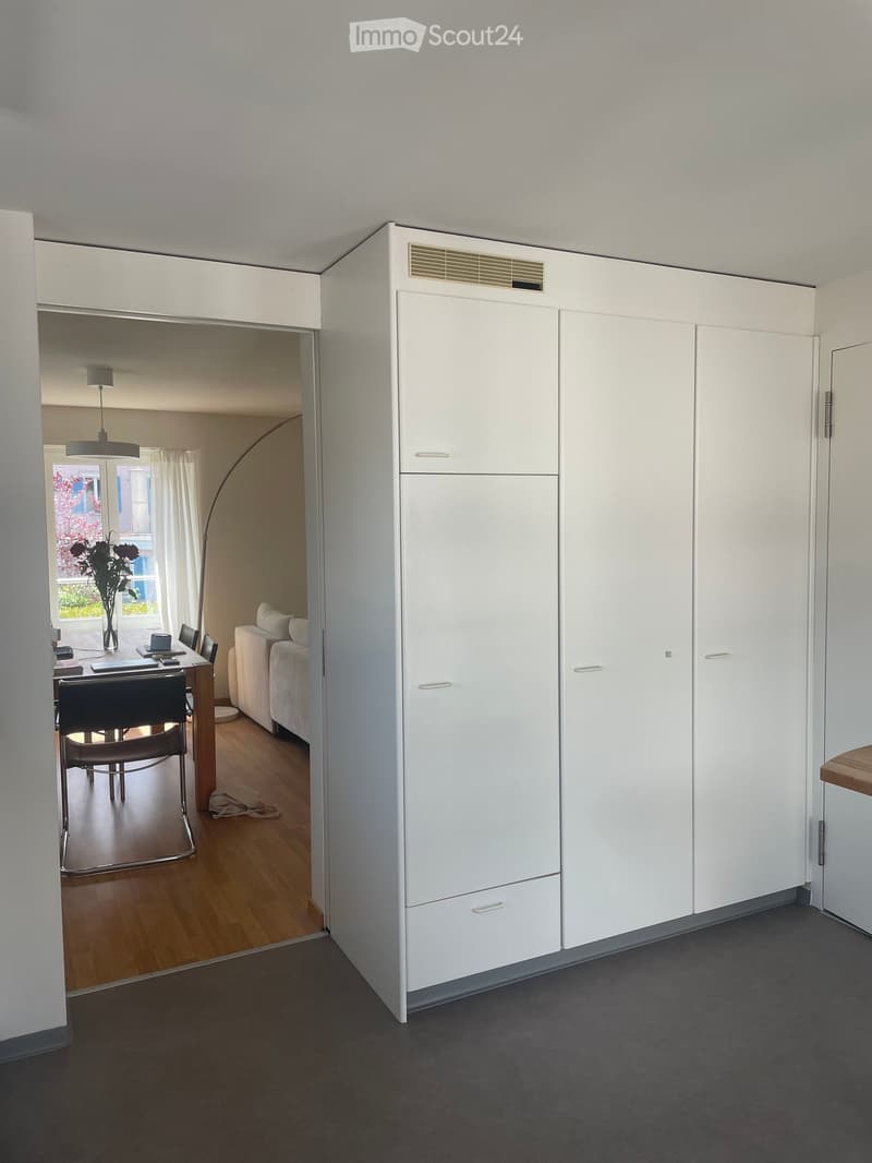A modern, minimalist hallway with white built-in storage units and a view into a furnished living area with a sofa, table, chairs, and a floor lamp.
