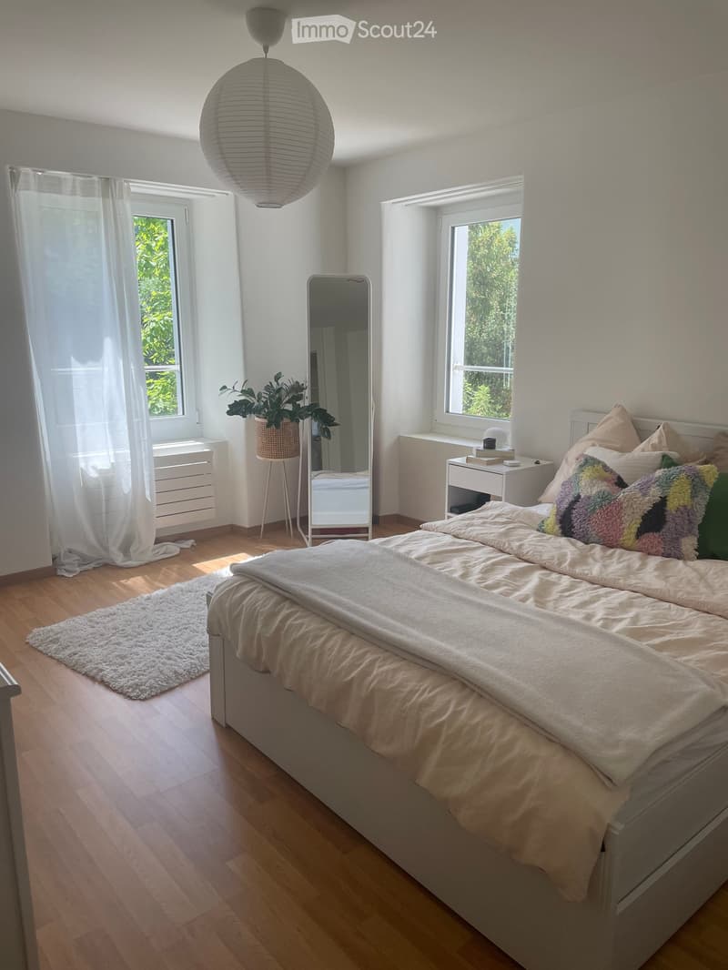 Bright bedroom with wooden flooring, large bed with pillows and blanket, white rug, mirror, nightstand, and a plant near the window.