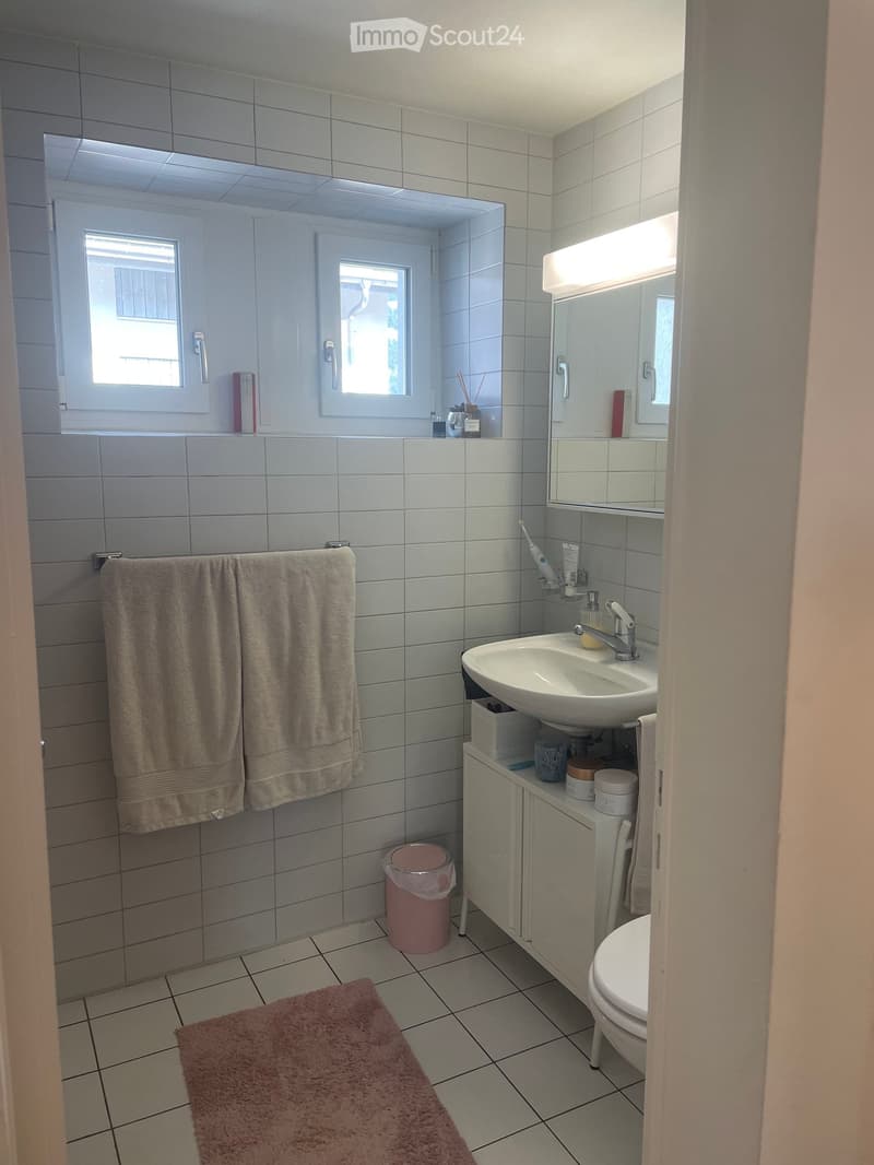 Modern bathroom with tiled walls and floor, featuring a sink with a mirror, a toilet, a towel rack with towels, a small cabinet, and a pink trash can.