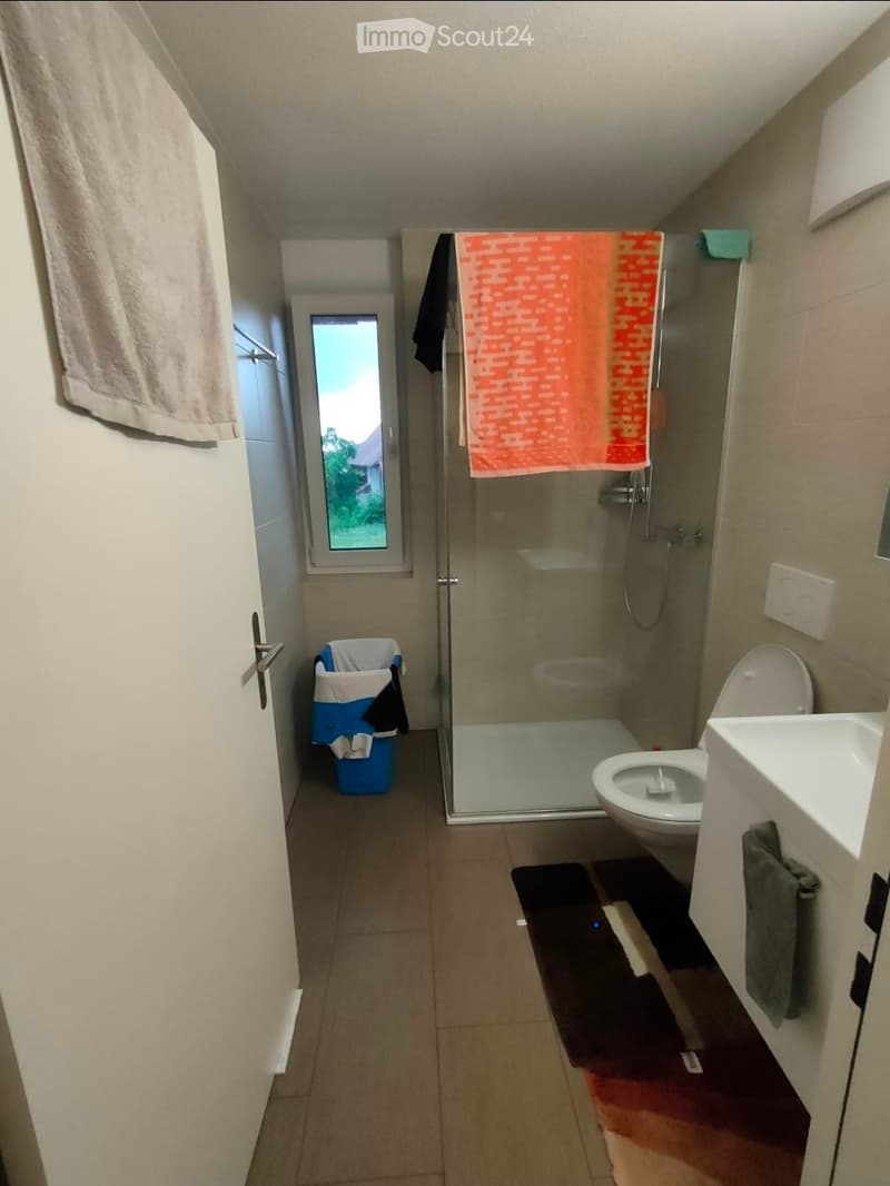Modern bathroom with a toilet, sink, glass-enclosed shower, and towels. Features a small window, a trash bin, and a dark bathroom mat.