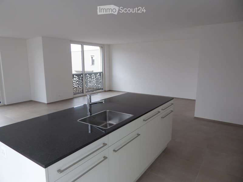 Kitchen. Modern kitchen with white cabinets, black countertop, and stainless steel sink.