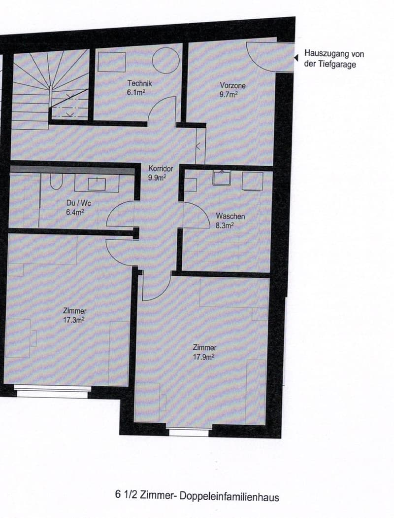 Floor Plan. Floor plan of a 61/2 room double-family house, including rooms labeled Zimmer, Du/Wc, Waschen, Technik, Vorzone, and Korridor, with specified square meterages.