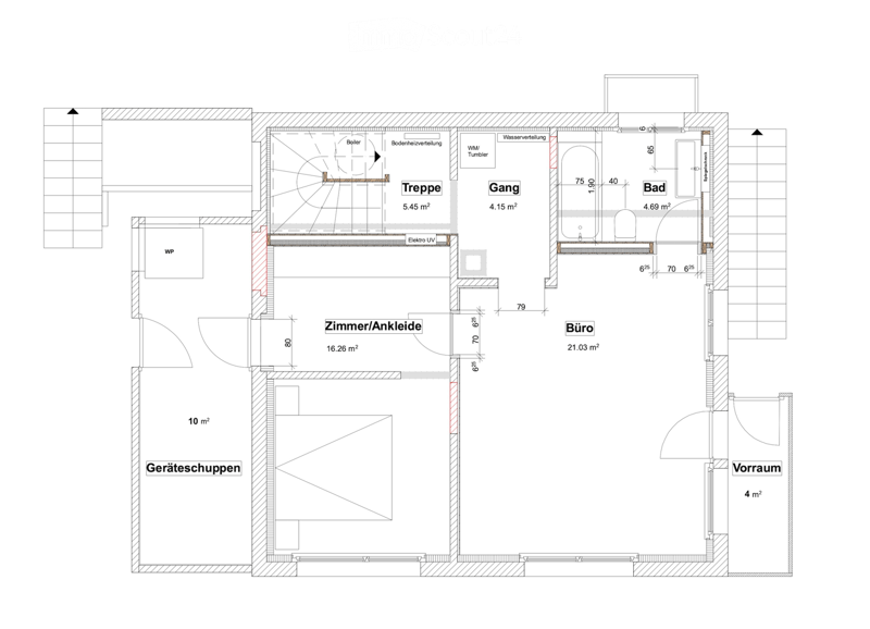 Floor plan showing a bathroom, hallway, office, storage room, and utility area with labeled dimensions and features.