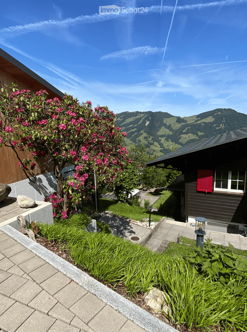 Garden with a well-maintained lawn, flowering shrubs, a stone pathway, and a view of the surrounding mountains.