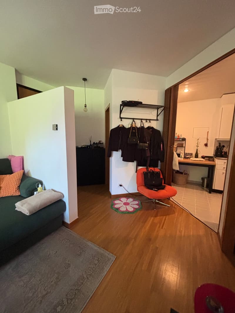 A cozy living room with a green sofa, orange chair, small table, coat rack, and a view into a small kitchen area with a table and cabinets.