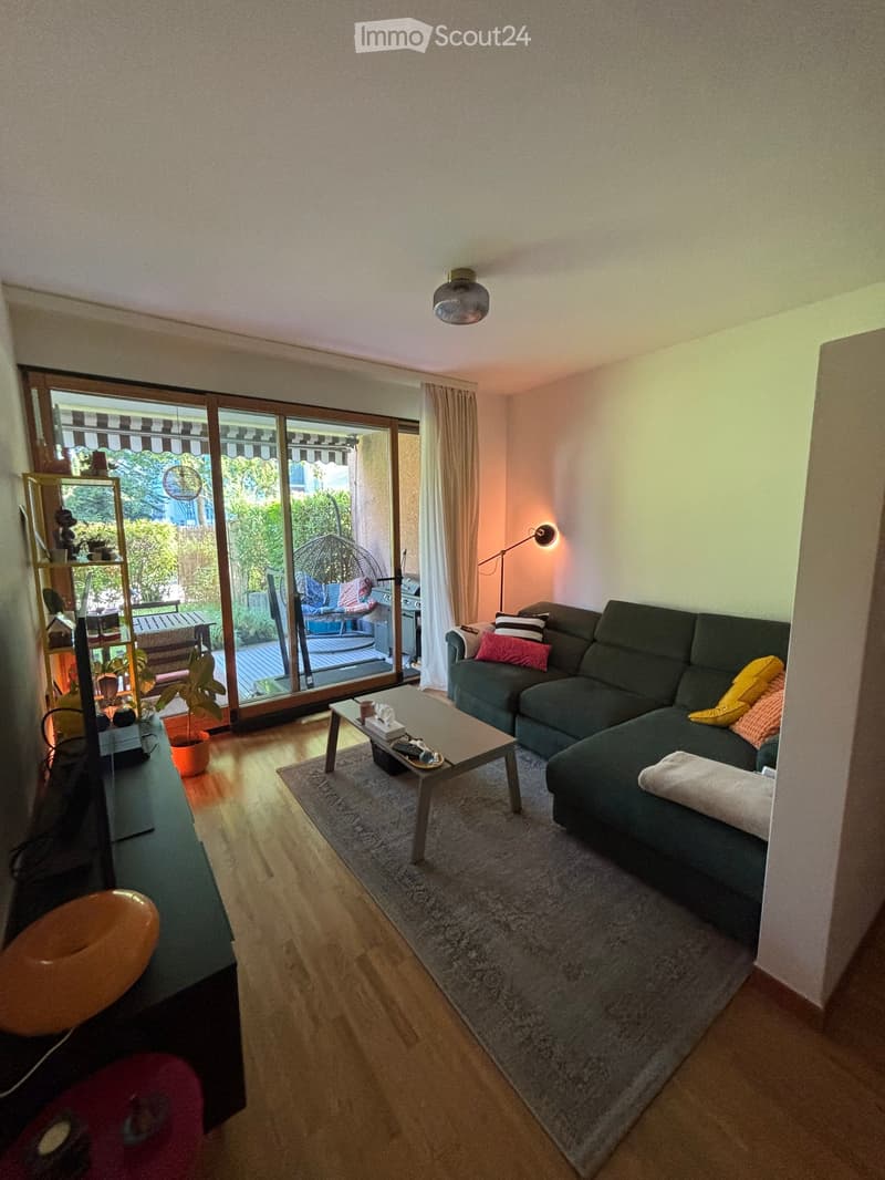 Modern living room with a dark green sectional sofa, colorful throw pillows, a wooden coffee table, a side table with a lamp, and a potted plant near the sliding glass door leading to a patio.
