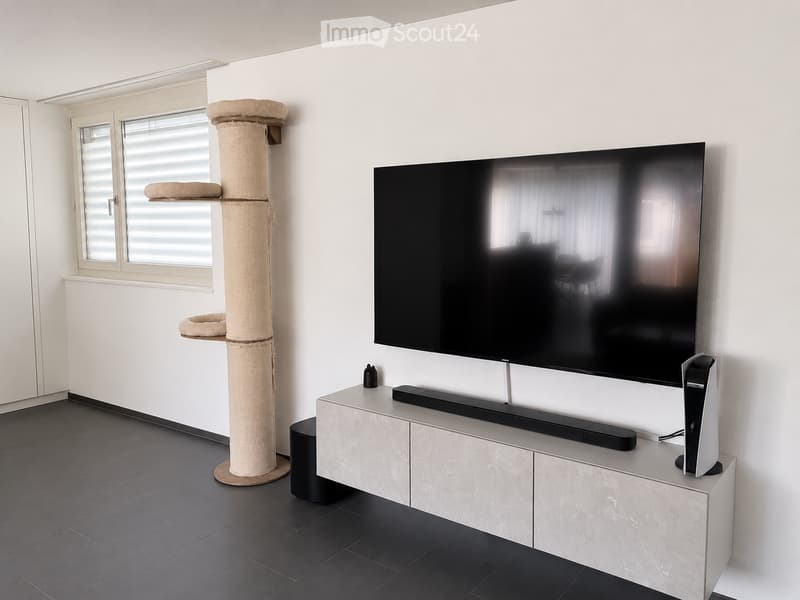 Modern living room with a large flat-screen TV mounted on the wall, a sleek TV stand with a soundbar, and a cat tree near the window.