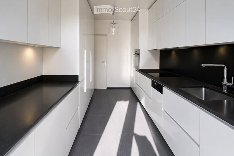 Modern kitchen with white cabinets, black countertops, stainless steel sink, and built-in oven.