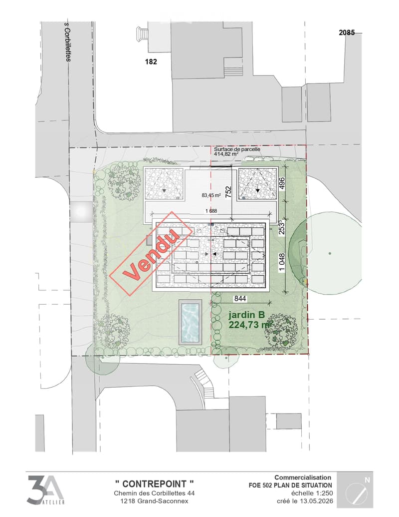 Floor plan of a property showing layout, including a swimming pool, garden areas, and surrounding structures.