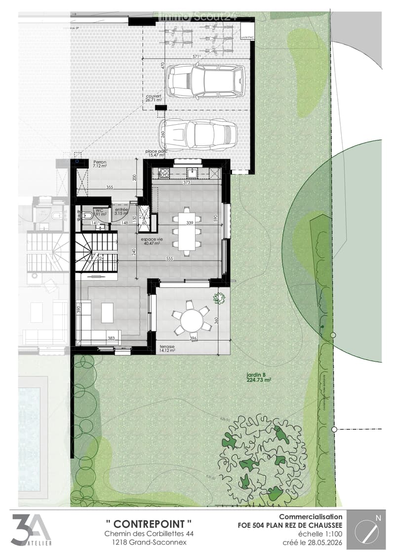 Floor plan of a house showing living space, dining area, kitchen, bedrooms, bathrooms, terrace, and garden.