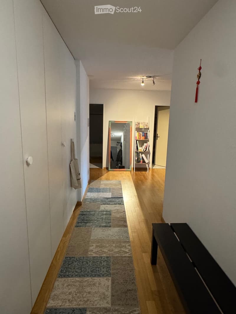 A narrow hallway with wooden flooring, white walls, and several rugs placed along the floor. A black bench is positioned on the right side, and a mirror and bookshelf are visible in the background.