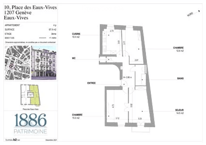 Floor plan of a 3-room apartment in Eaux-Vives, Geneva, including living room, kitchen, bedroom, bathroom, and entrance.