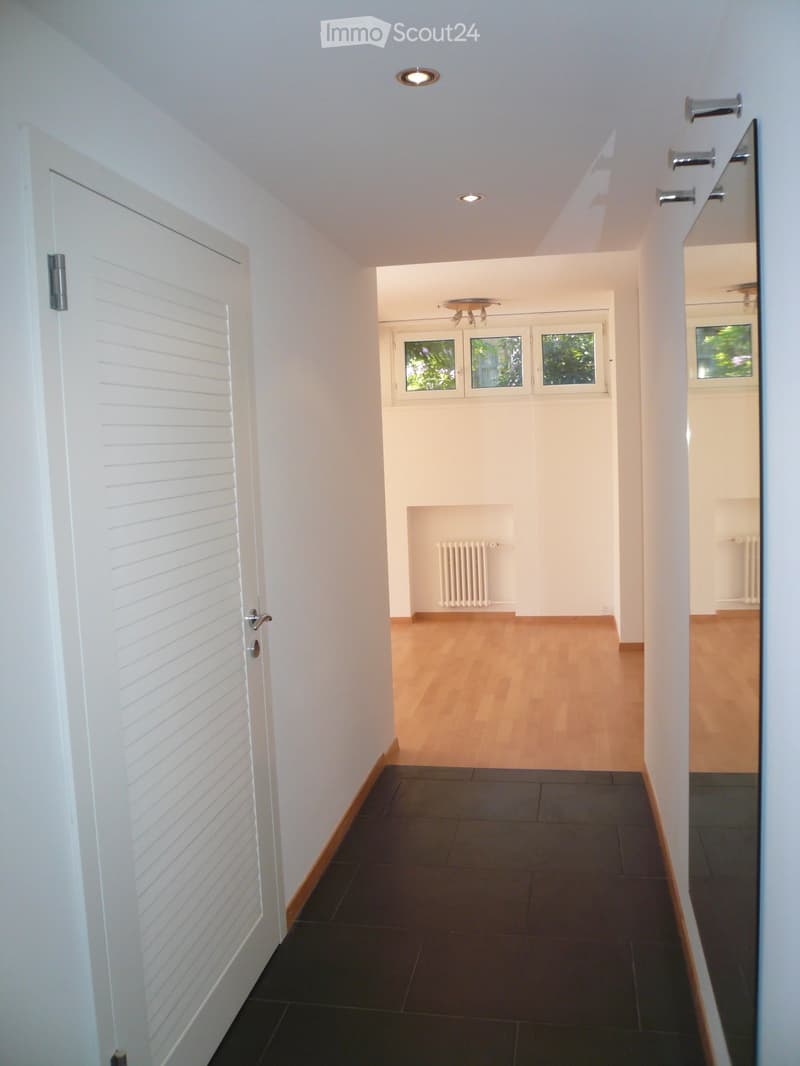Bright hallway with white walls, wooden flooring, and recessed lighting. Features a white louvered door on the left and a radiator in the adjacent room.
