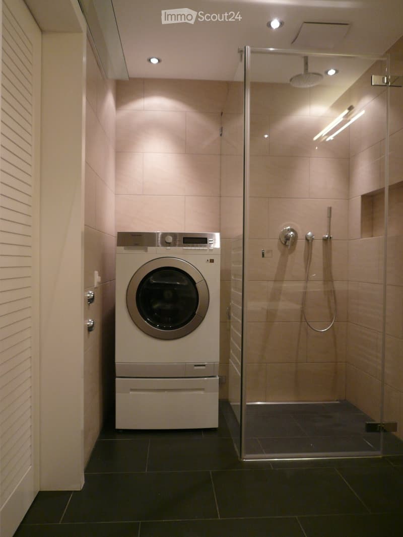 Modern bathroom with a washing machine and a glass-enclosed shower stall.