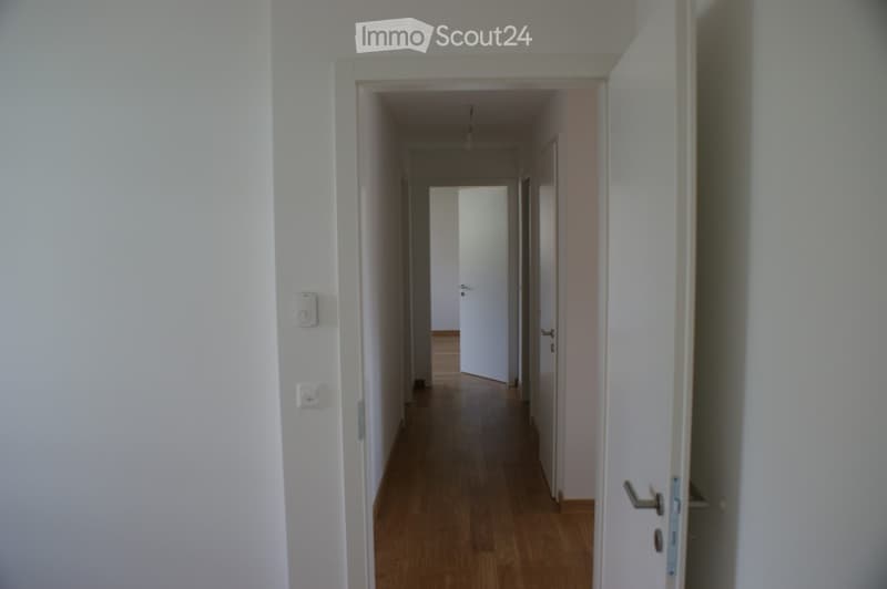 A long, narrow hallway with light wooden flooring and white walls, featuring several doors and light switches on the walls.