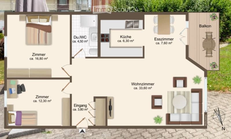 Floor plan of a 2-room apartment with living room, bedroom, kitchen, bathroom, and balcony.