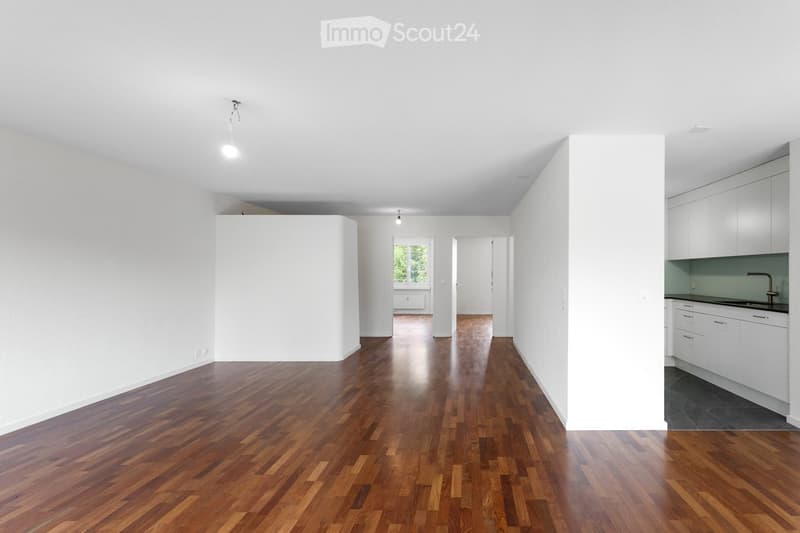 Open-plan unfurnished room with wooden flooring, white walls, and a small kitchen area with white cabinets and a sink.