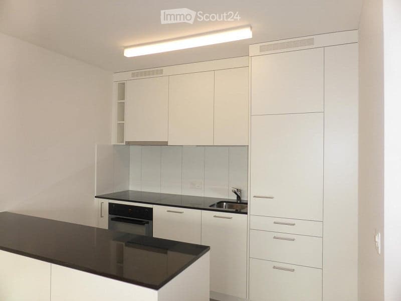 Modern kitchen with white cabinets, black countertop, built-in oven, and stainless steel sink.