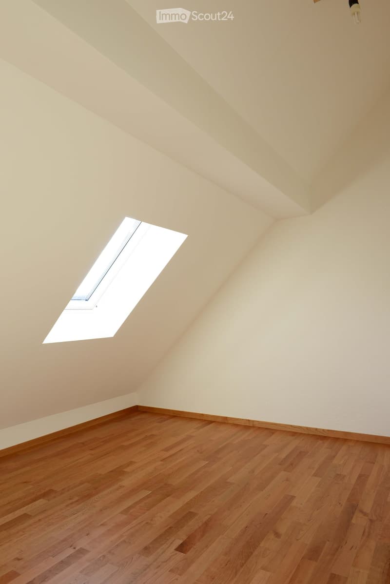 empty room, wooden floor, white walls, skylight