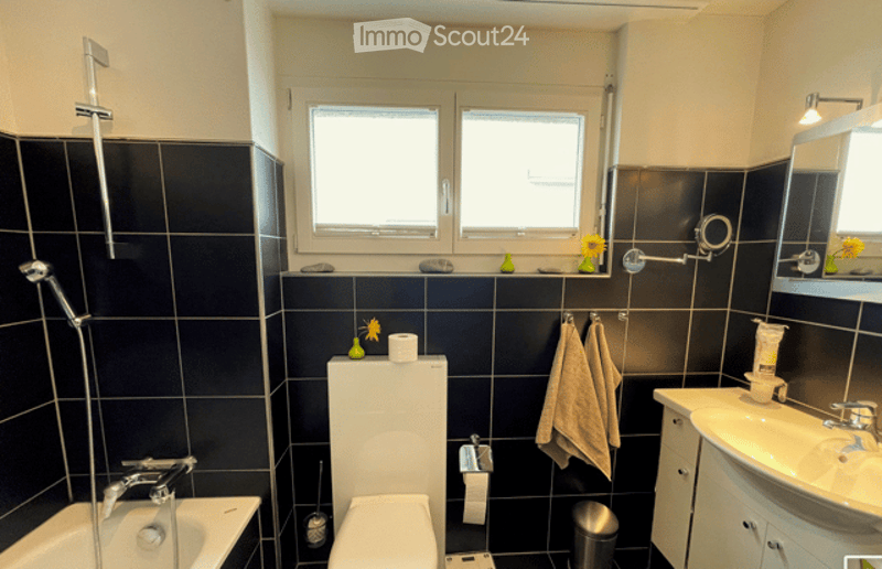 Modern bathroom with dark blue tiles, white fixtures, and natural light from two windows. Includes a toilet, bathtub, sink, mirror, and towels.