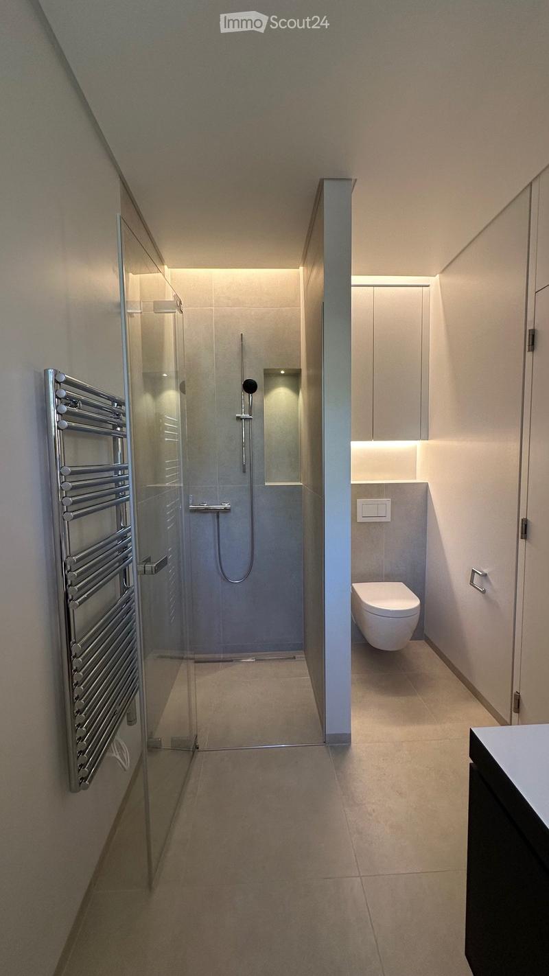 Modern bathroom with a glass-enclosed shower, a toilet, and a towel radiator on the wall.