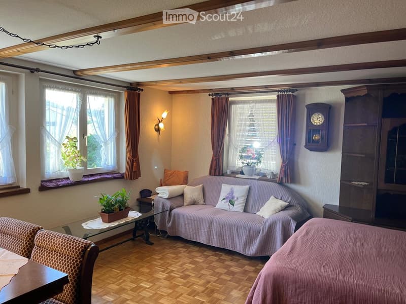 Cozy living room with wooden floors, exposed wooden beams, large windows with curtains, a sofa with decorative pillows, a coffee table with a potted plant, a side table, and a wall-mounted clock.