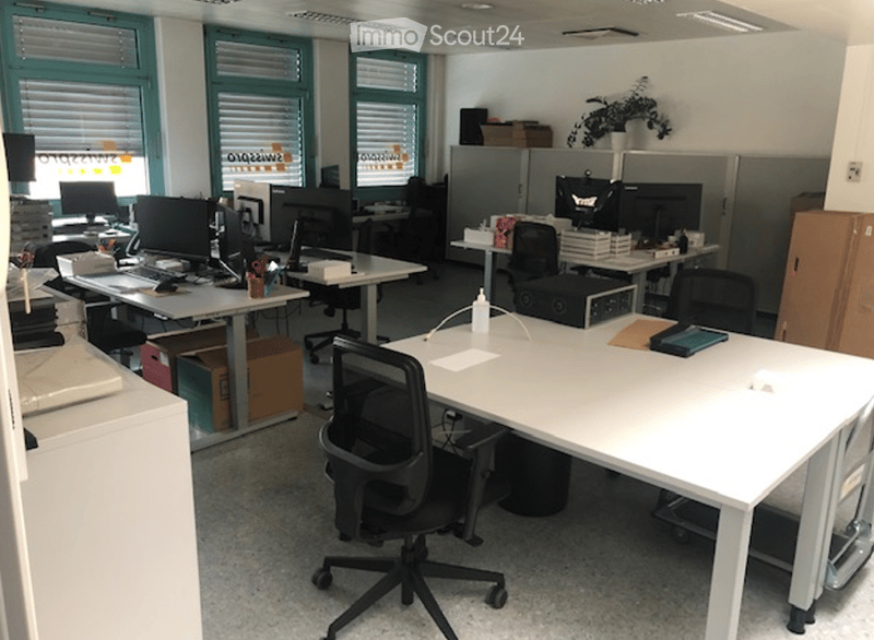Office space with multiple desks, chairs, computers, and office supplies. Large windows with blinds, cabinets, and a potted plant are visible.