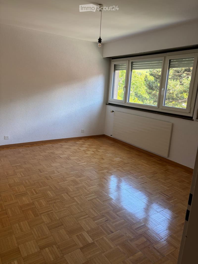 Empty room with wooden parquet flooring, white walls, large windows with blinds, radiator, and a hanging light fixture.
