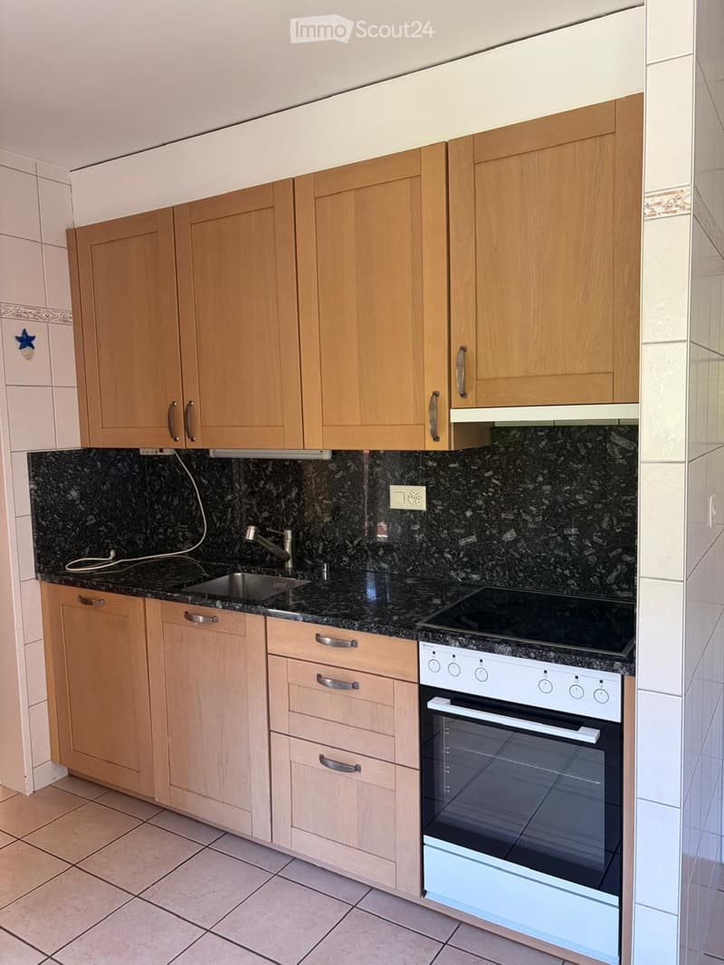 Modern kitchen with light wooden cabinets, granite countertop, stainless steel sink, electric stove, and built-in oven.