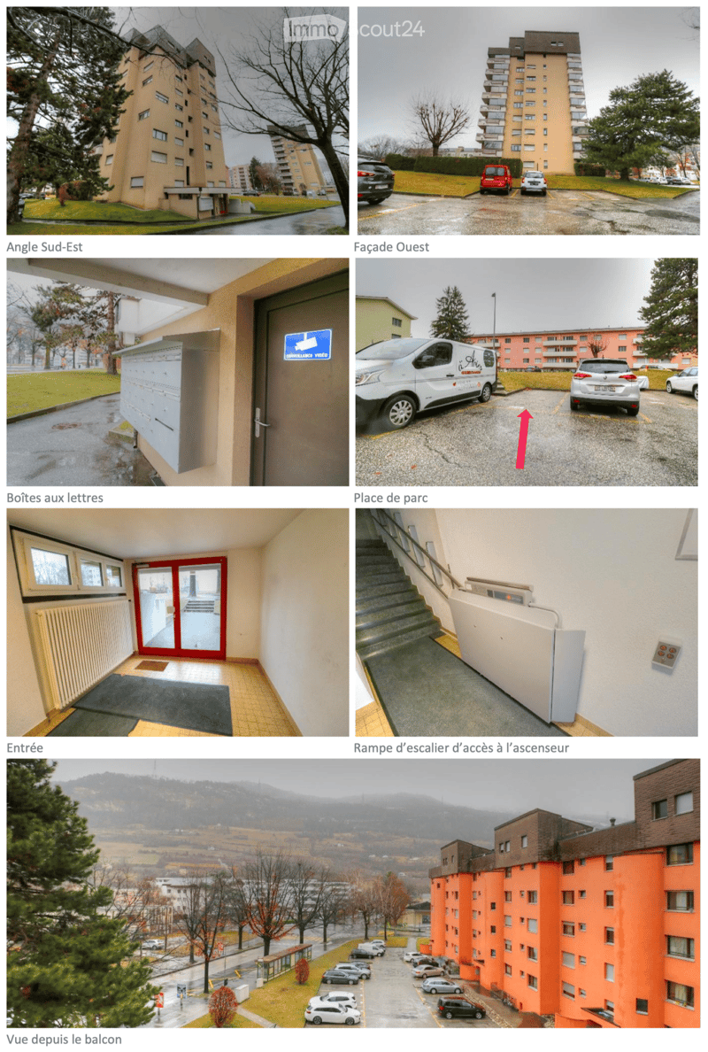 Multi-story residential building with parking area, view from balcony, and entrance ramp to elevator.