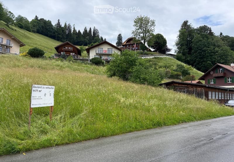 A rural hillside scene with several houses, a sign advertising available land for sale, and lush greenery.