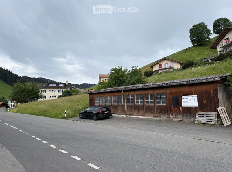 A wooden garage with multiple windows and a sign advertising a sale, located on a rural road with surrounding houses and greenery.