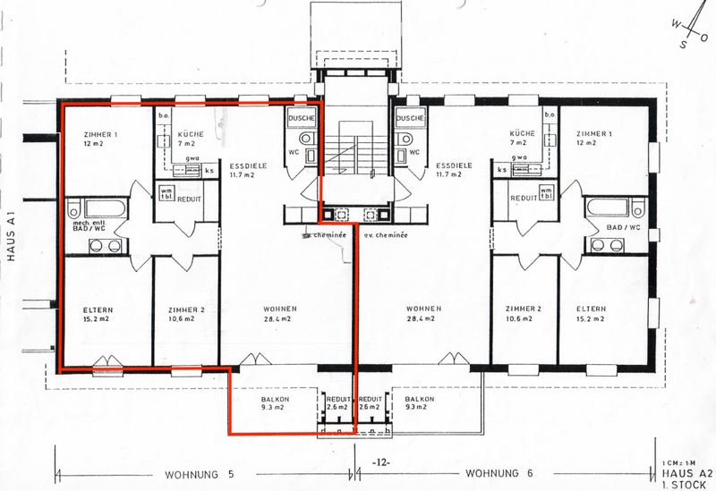 Floor plan of two apartments (Wohnung 5 and Wohnung 6) in Haus A1 and Haus A2, each with two bedrooms, living areas, kitchens, bathrooms, and balconies.