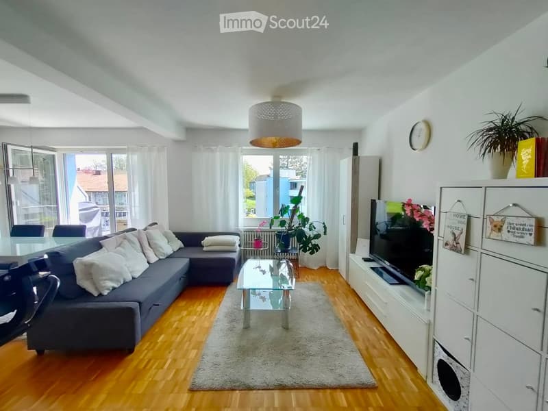 Modern living room with wooden flooring, large windows, grey sectional sofa, glass coffee table, TV cabinet, and decorative plants.