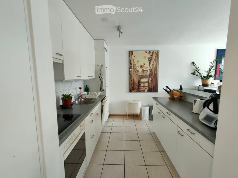Modern kitchen with white cabinets, dark countertops, and various appliances including a stove, oven, sink, and countertop items. Features a potted plant and artwork on the wall.