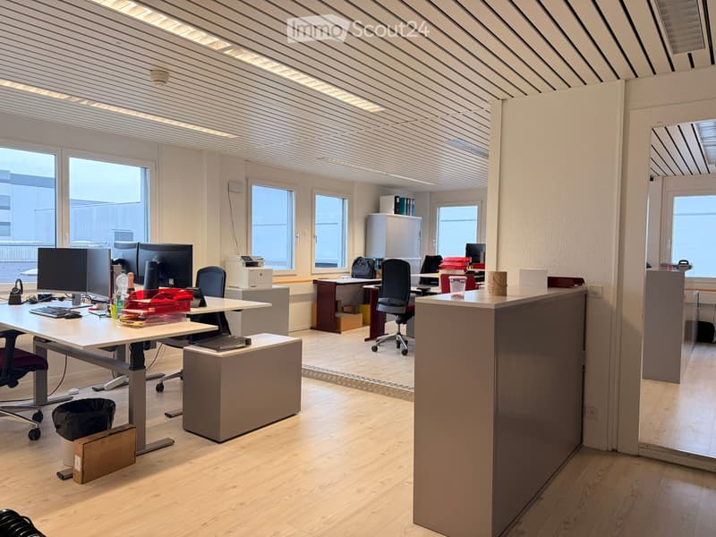 Office room: desk, chairs, computers, printer, cabinets, storage boxes, trash cans