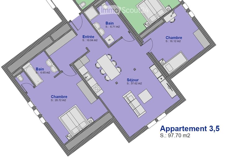 Floor plan of a 3.5 room apartment with a total area of 97.70 m2, including a bathroom, entrance, living room, bedroom, and kitchen.