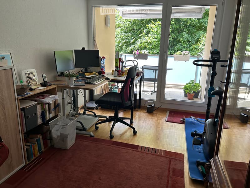 A multi-purpose room with a desk setup, exercise bike, and outdoor access through large windows.