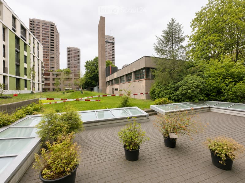 Courtyard with paved brick walkway, potted plants, glass-topped structures, and surrounding buildings.