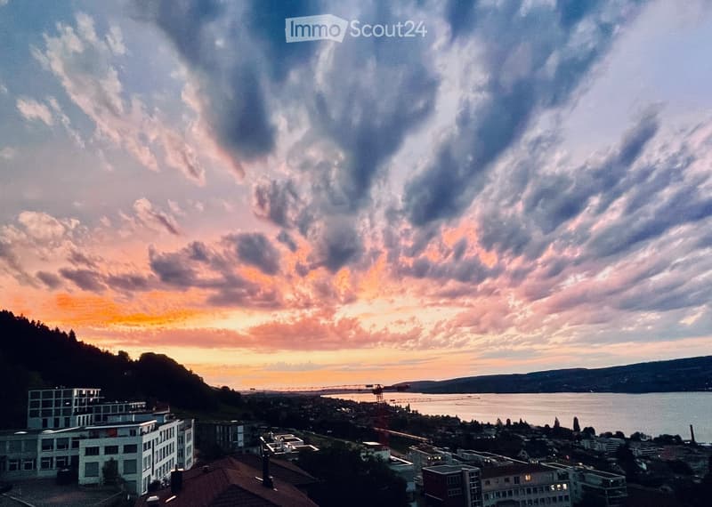 Garden / Outdoor Area. Panoramic view of a cityscape at sunset, featuring buildings, a body of water, and distant hills under a dramatic sky.